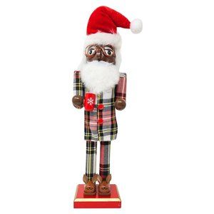 Christmas Eve Ethnic Santa In Pajamas With Hot Cocoa 14" Wood Nutcracker